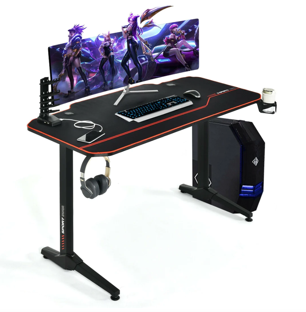 Computer Gaming Desk with Full Desk Mouse Pad and Gaming Handle Rack | Black