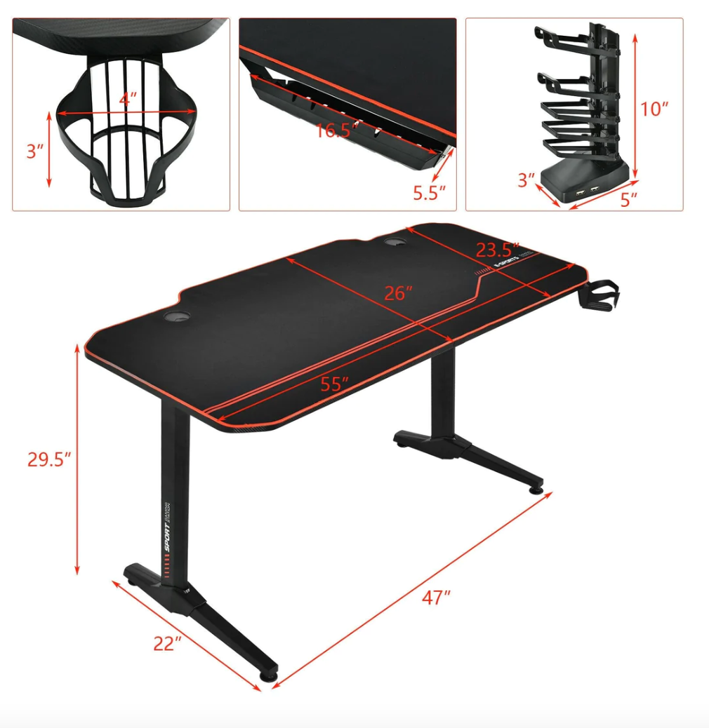 Computer Gaming Desk with Full Desk Mouse Pad and Gaming Handle Rack | Black