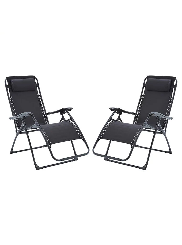 Sun Lounger Reclining Folding Chair Garden Beach Patio Camping Zero Gravity - 2 Chairs - Black