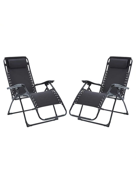 Sun Lounger Reclining Folding Chair Garden Beach Patio Camping Zero Gravity - 2 Chairs - Black