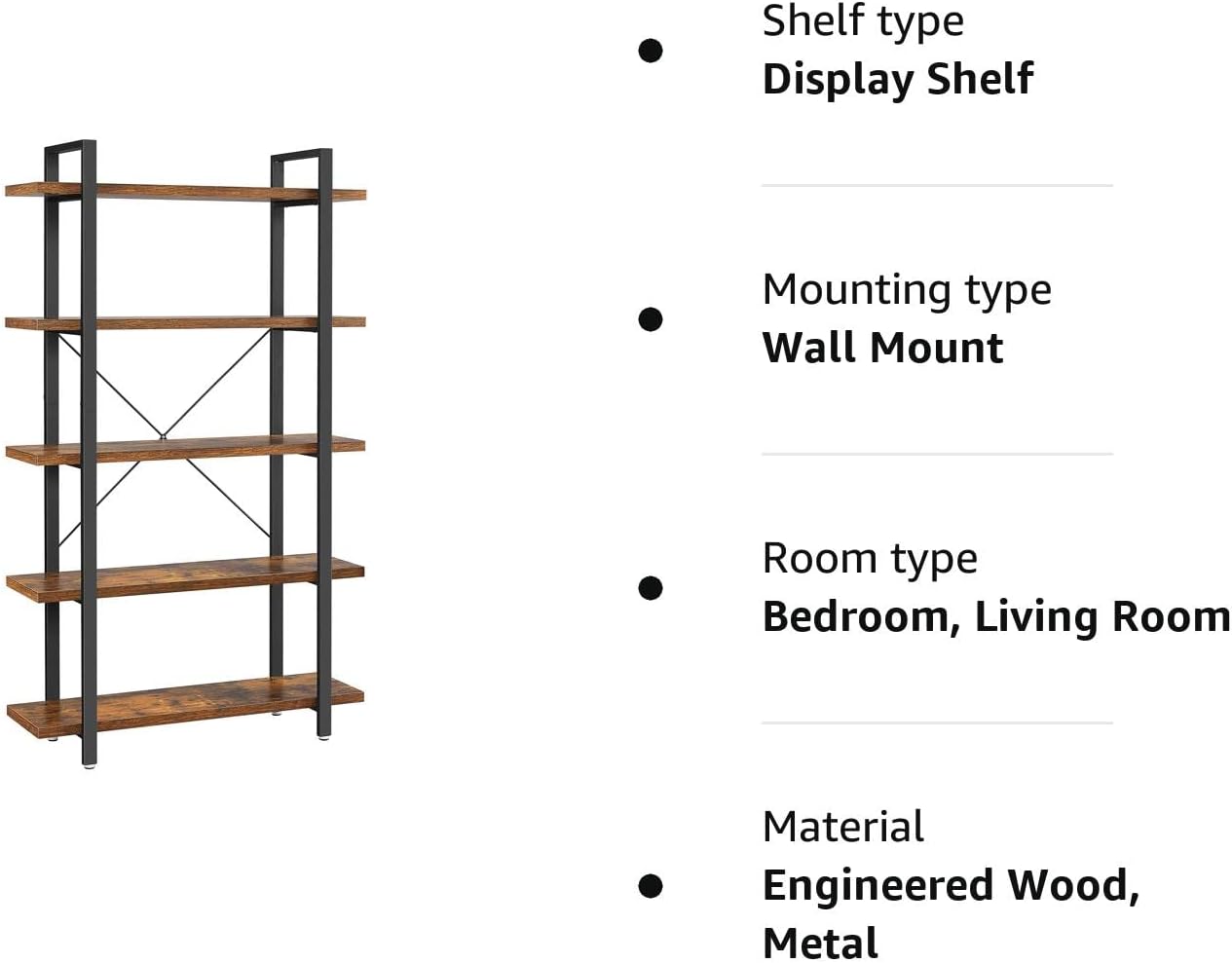 Bookshelf, 5-Tier Industrial Stable Bookcase, Storage Rack, Standing Shelf, Easy Assembly