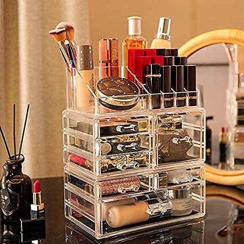 display4top 7 Drawers Jewellery Storage Box Acrylic Cosmetics Lipsticks Make Up Organiser Holder Box (Clear), Dressing Table/Bathroom Counter, Vanity Display Case for Brushes, Lotions, Lipsticks, Nail Polishs