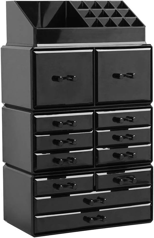 DAWOO Acrylic Makeup Organizer Jewelry Box Cosmetic Products Drawers Makeup Storage Box (Black, 12 Drawers)