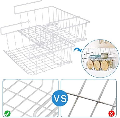 2pcs White Under Shelf Storage Basket, Under Cabinet Hanging Metal Wire Storage Wire Basket Organizer Fit Dual Hooks for Kitchen Pantry Desk Bookshelf Cupboard