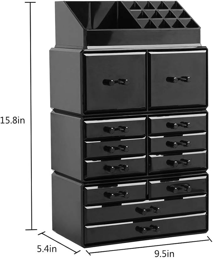 DAWOO Acrylic Makeup Organizer Jewelry Box Cosmetic Products Drawers Makeup Storage Box (Black, 12 Drawers)