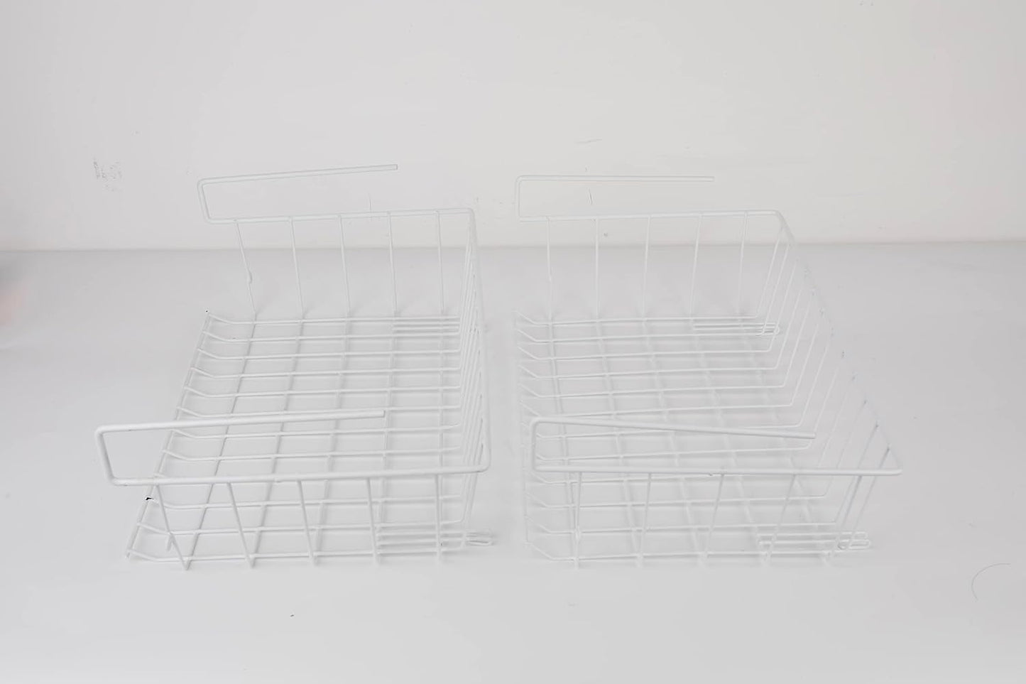 2pcs White Under Shelf Storage Basket, Under Cabinet Hanging Metal Wire Storage Wire Basket Organizer Fit Dual Hooks for Kitchen Pantry Desk Bookshelf Cupboard