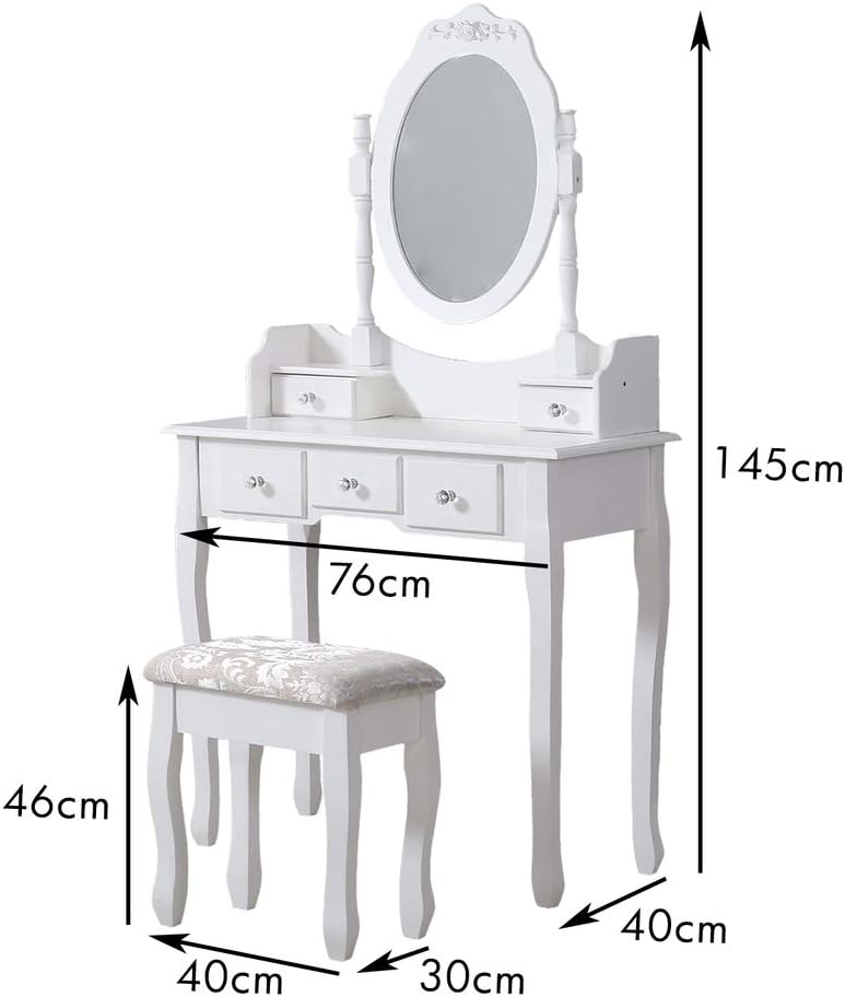 Dressing Table, Oval Mirror & Stool Set, Bedroom Makeup Desk, White