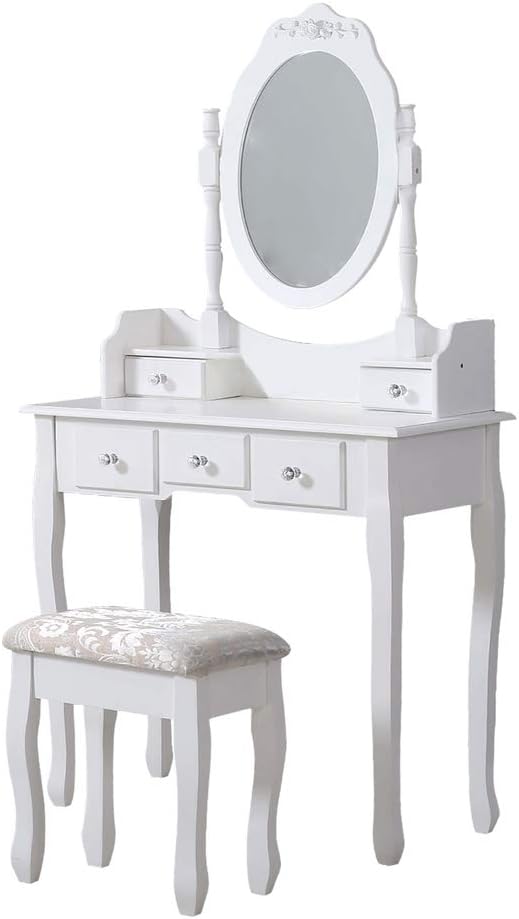 Dressing Table, Oval Mirror & Stool Set, Bedroom Makeup Desk, White