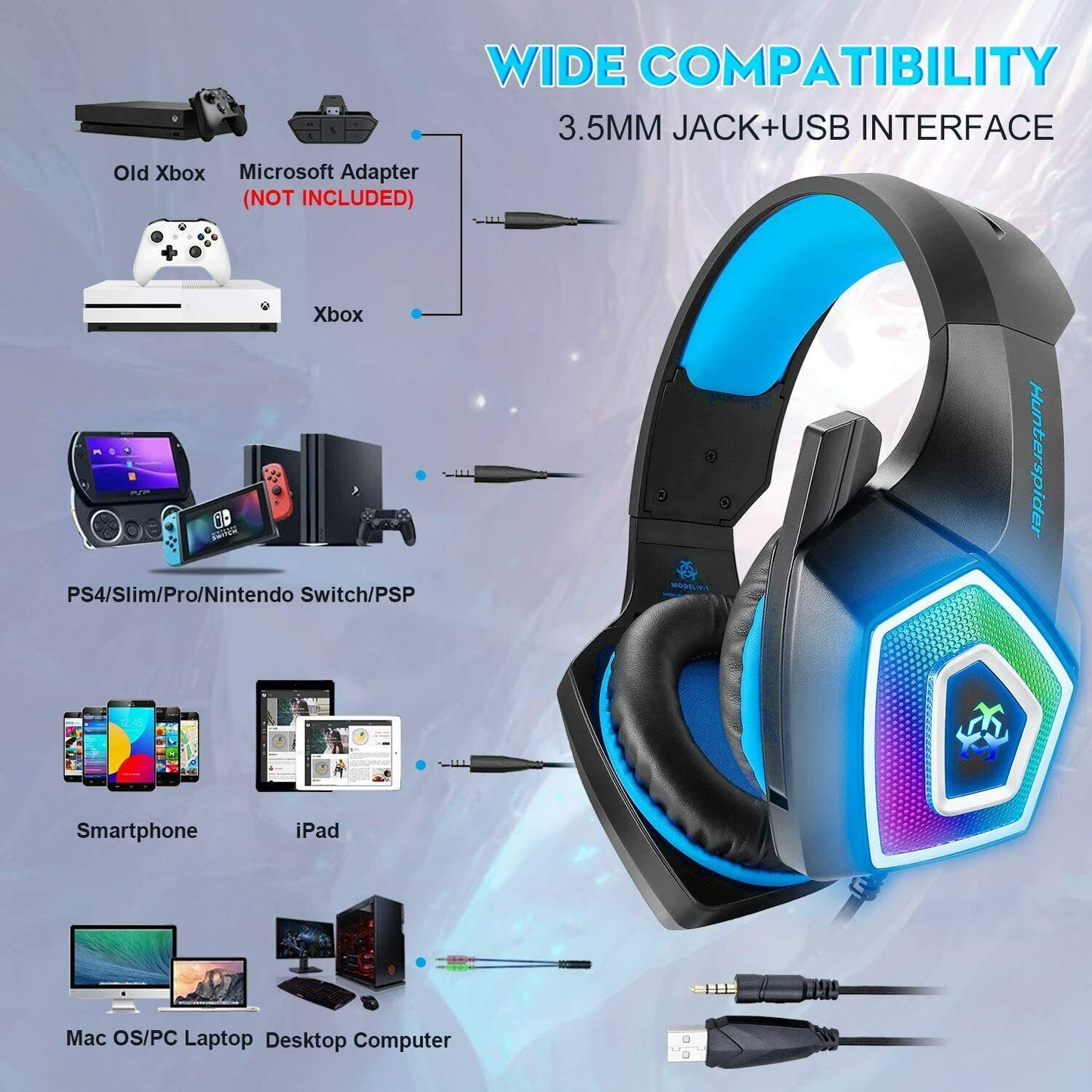 Hunterspider Gaming Headset MIC LED Headphone V1 for PC Laptop PS4 Xbox One NS