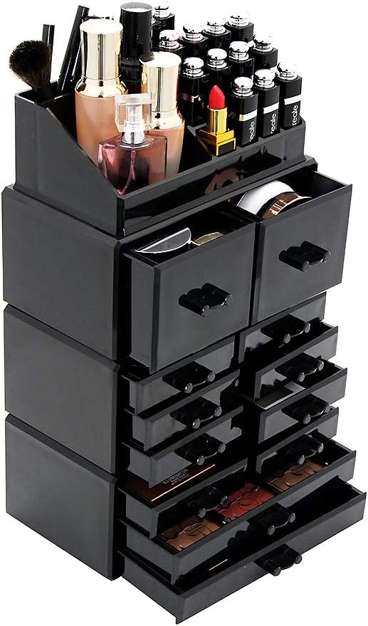 DAWOO Acrylic Makeup Organizer Jewelry Box Cosmetic Products Drawers Makeup Storage Box (Black, 12 Drawers)