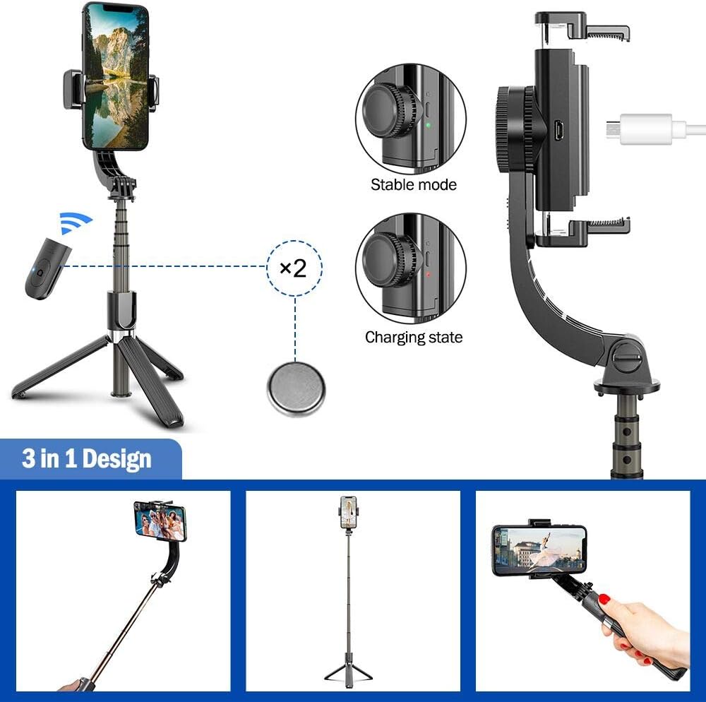 Selfie Stick Phone Tripod Q08, Anti-shake Extendable Bluetooth Selfie Stick Mobile Phone Stand for Filming with Gimbal Stabilizer, Detachable Remote 360°