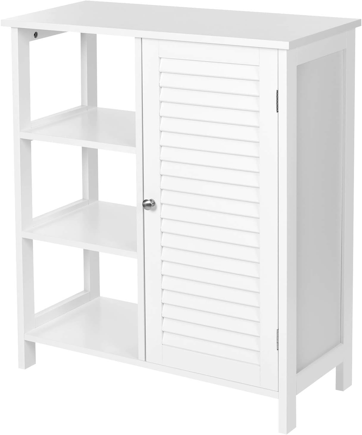 VASAGLE Bathroom Cabinet with Slat Door, Storage Cabinet with 3 Open Compartments, Adjustable Shelf Level Behind Door, 70 x 30 x 80 cm, Scandinavian Style (White)