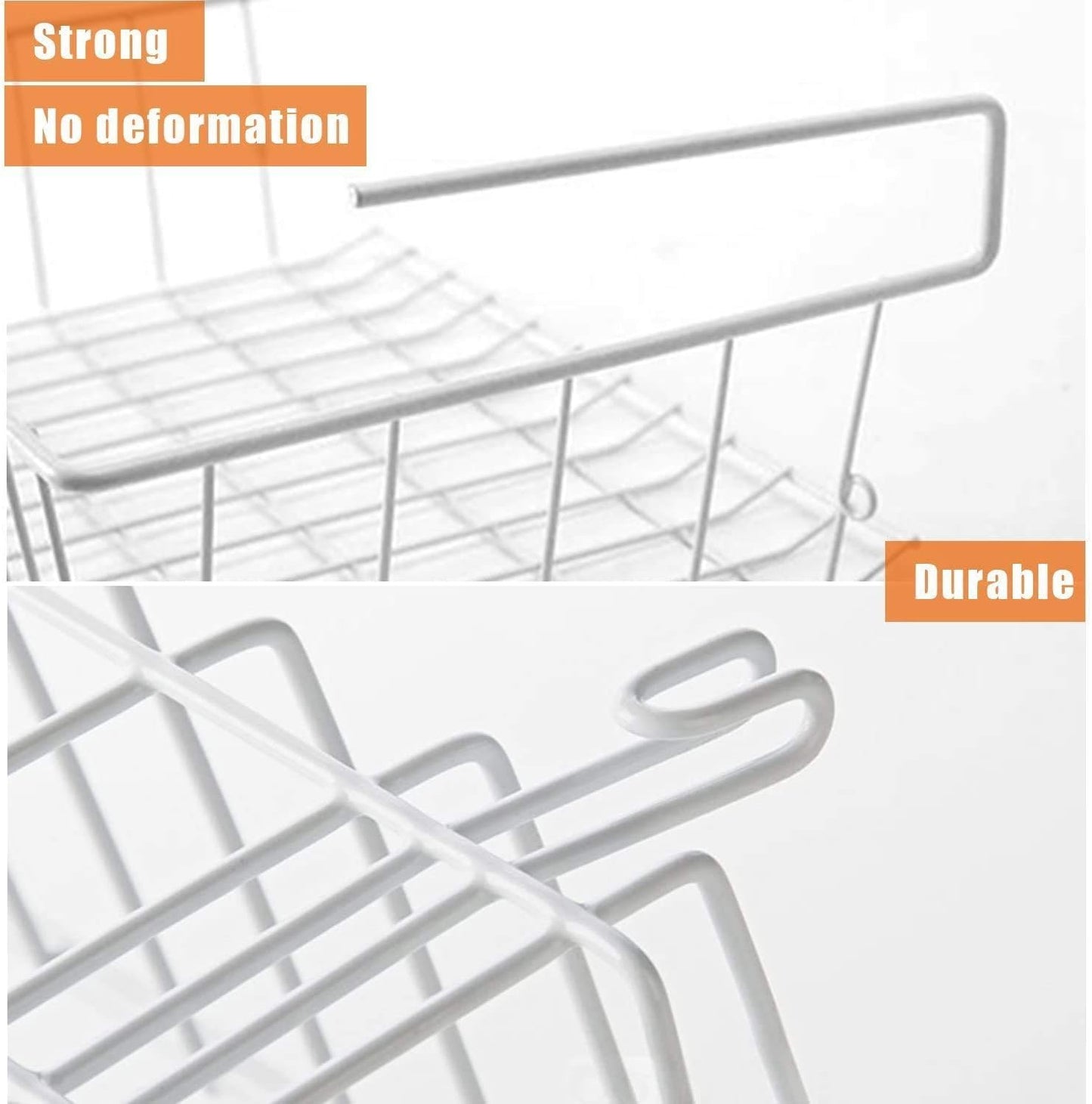 2pcs White Under Shelf Storage Basket, Under Cabinet Hanging Metal Wire Storage Wire Basket Organizer Fit Dual Hooks for Kitchen Pantry Desk Bookshelf Cupboard