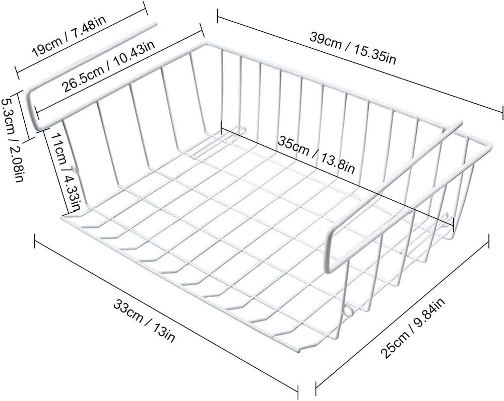 2pcs White Under Shelf Storage Basket, Under Cabinet Hanging Metal Wire Storage Wire Basket Organizer Fit Dual Hooks for Kitchen Pantry Desk Bookshelf Cupboard