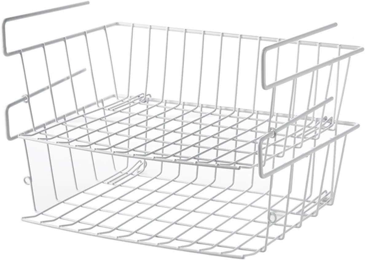 2pcs White Under Shelf Storage Basket, Under Cabinet Hanging Metal Wire Storage Wire Basket Organizer Fit Dual Hooks for Kitchen Pantry Desk Bookshelf Cupboard