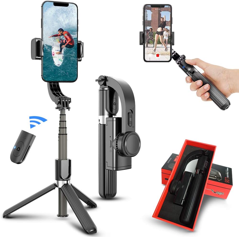 Selfie Stick Phone Tripod Q08, Anti-shake Extendable Bluetooth Selfie Stick Mobile Phone Stand for Filming with Gimbal Stabilizer, Detachable Remote 360°