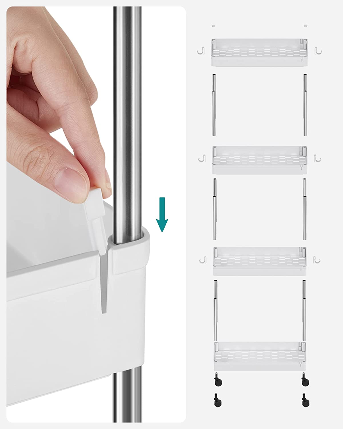 SONGMICS 4-Tier Storage Trolley, Rolling Cart with Wheels | White