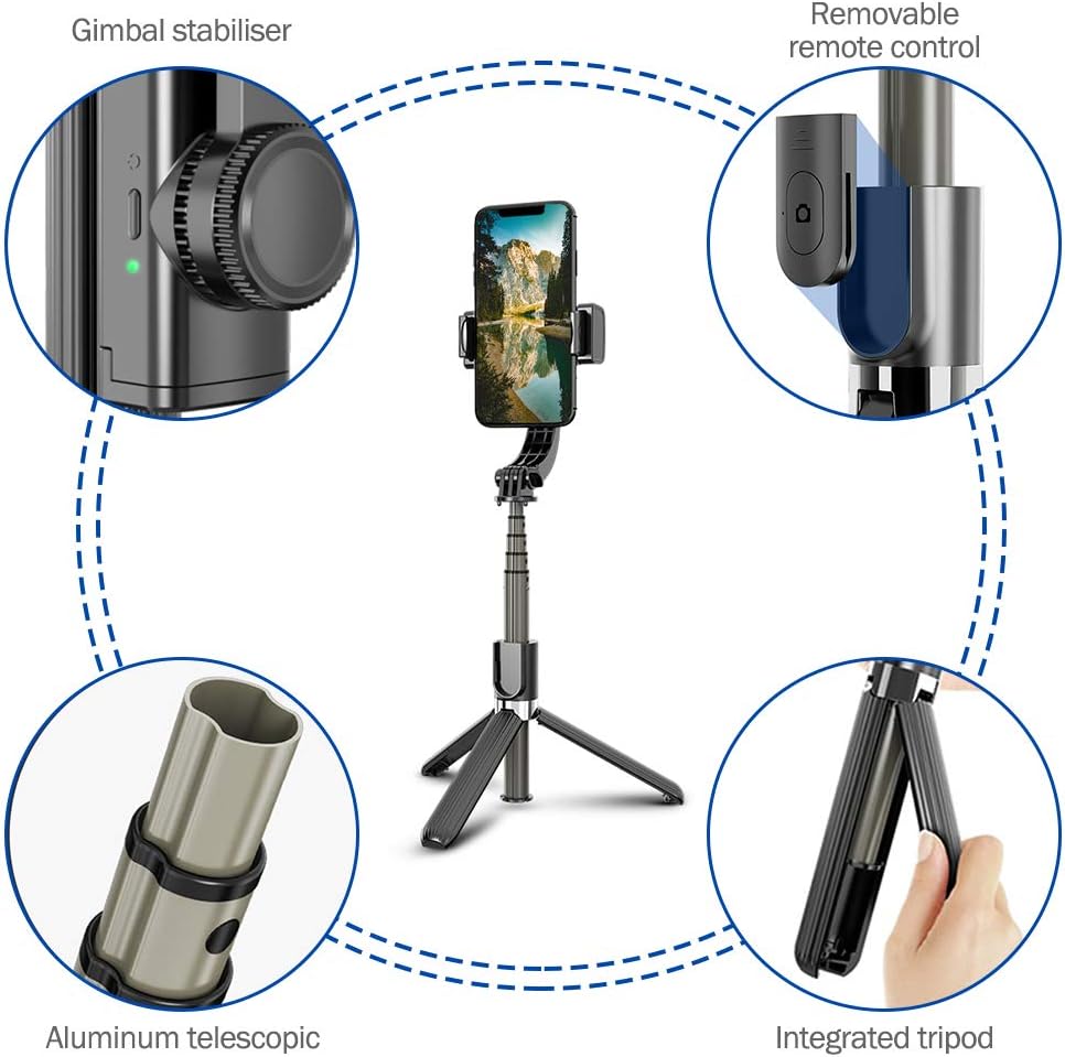 Selfie Stick Phone Tripod Q08, Anti-shake Extendable Bluetooth Selfie Stick Mobile Phone Stand for Filming with Gimbal Stabilizer, Detachable Remote 360°