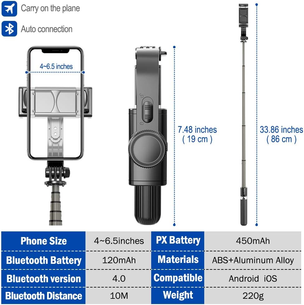 Selfie Stick Phone Tripod Q08, Anti-shake Extendable Bluetooth Selfie Stick Mobile Phone Stand for Filming with Gimbal Stabilizer, Detachable Remote 360°