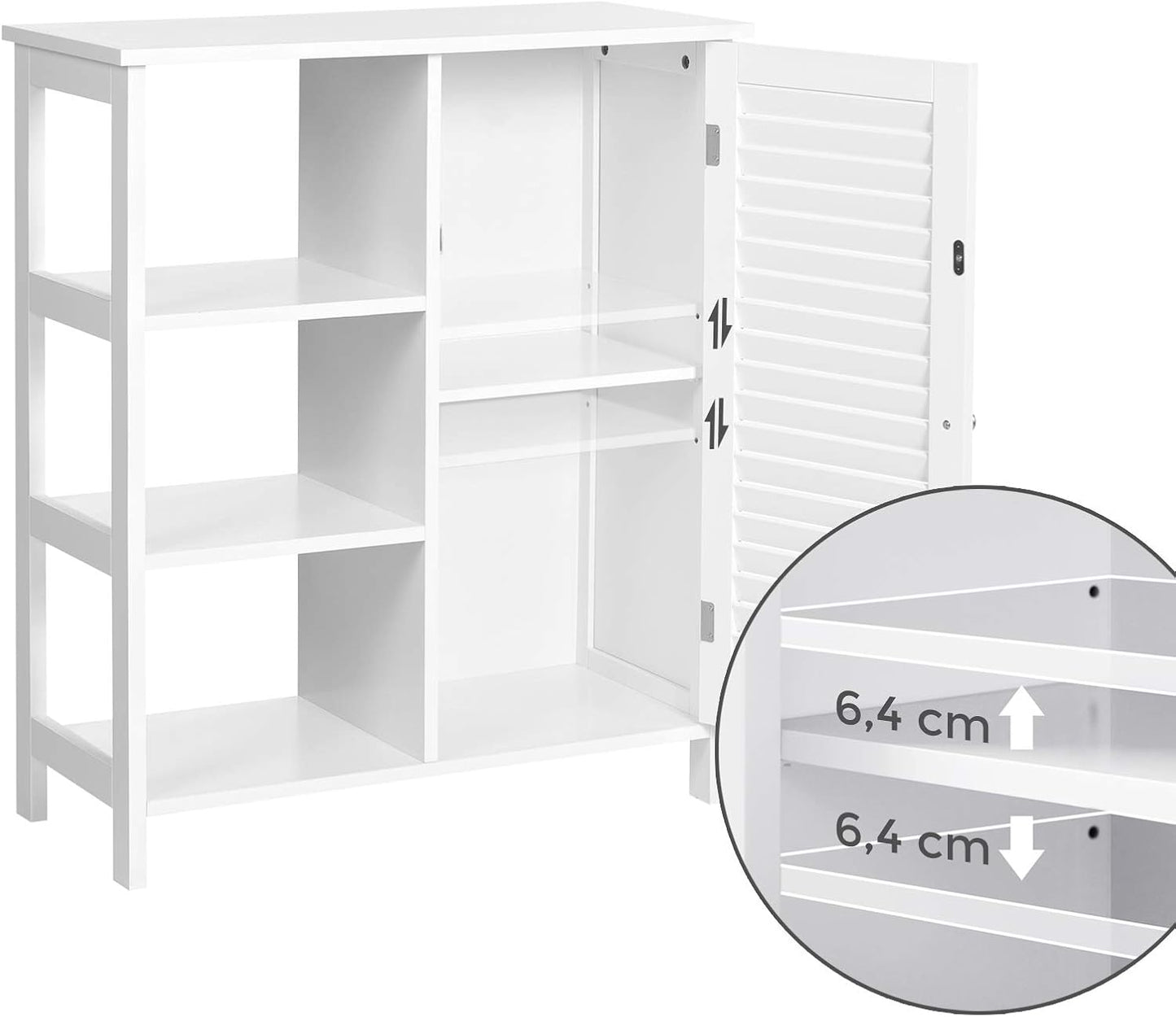 VASAGLE Bathroom Cabinet with Slat Door, Storage Cabinet with 3 Open Compartments, Adjustable Shelf Level Behind Door, 70 x 30 x 80 cm, Scandinavian Style (White)