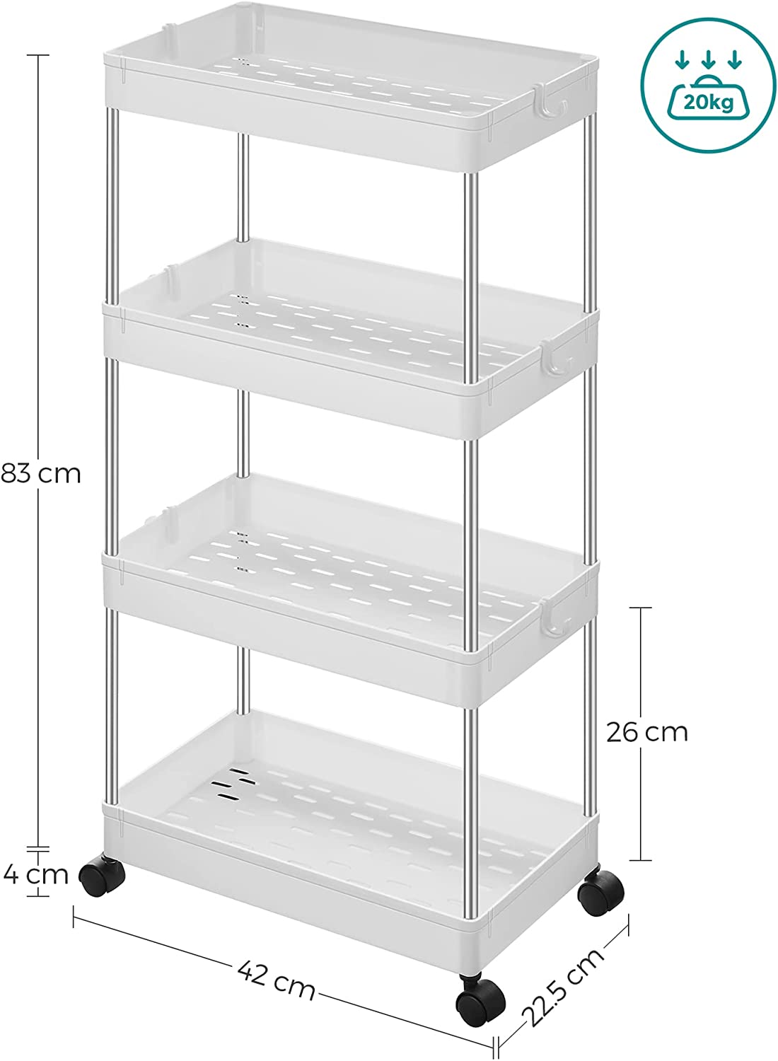 SONGMICS 4-Tier Storage Trolley, Rolling Cart with Wheels | White