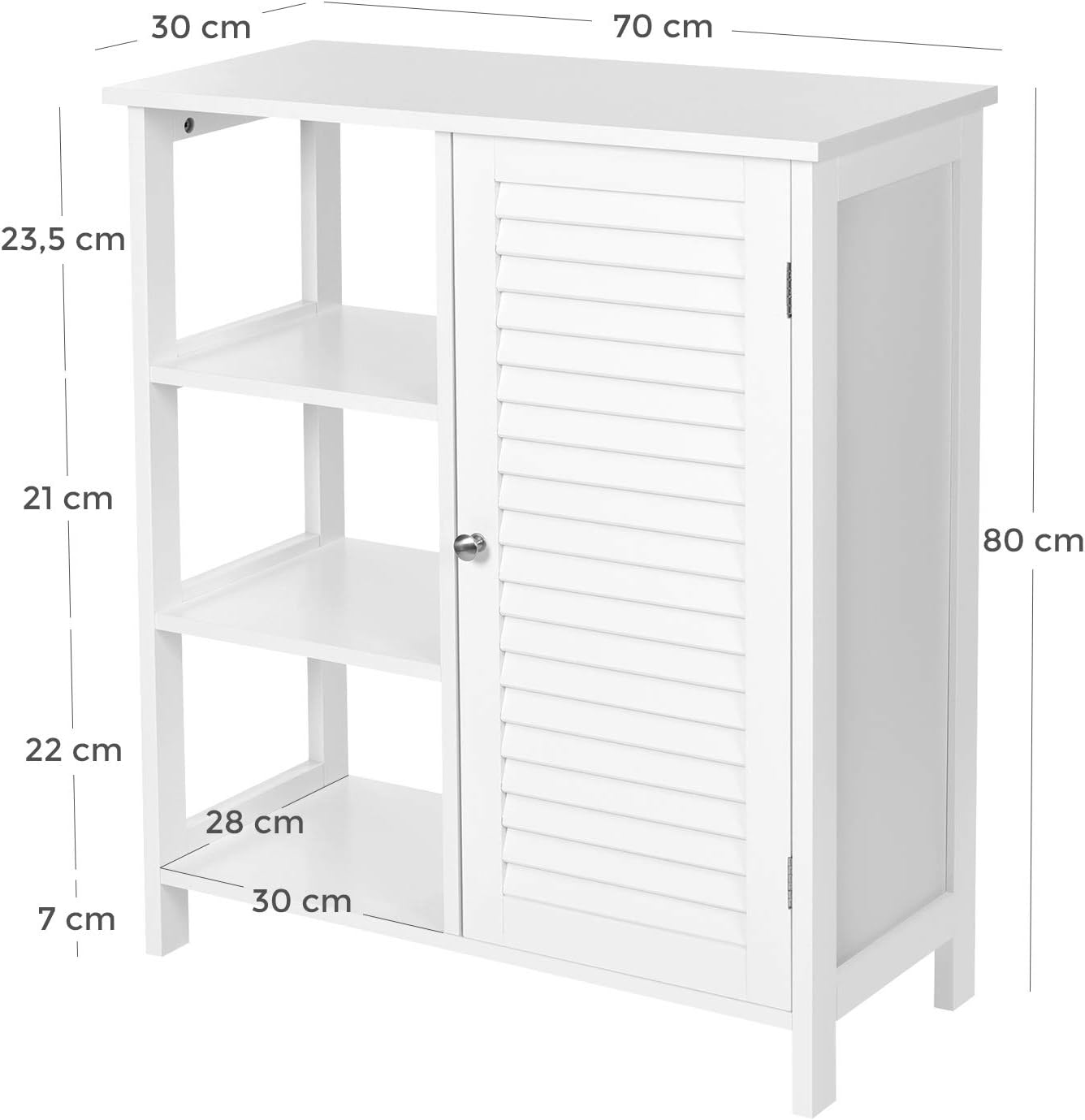 VASAGLE Bathroom Cabinet with Slat Door, Storage Cabinet with 3 Open Compartments, Adjustable Shelf Level Behind Door, 70 x 30 x 80 cm, Scandinavian Style (White)