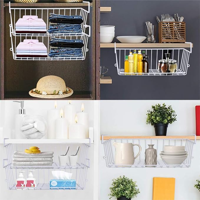 2pcs White Under Shelf Storage Basket, Under Cabinet Hanging Metal Wire Storage Wire Basket Organizer Fit Dual Hooks for Kitchen Pantry Desk Bookshelf Cupboard