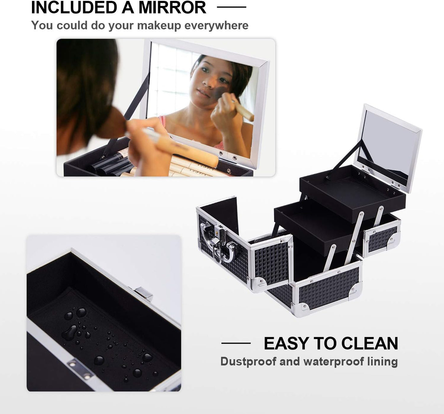 Makeup Box with Mirror Vanity Case Jewelry Organiser Nail Box Cosmetic Case Light Weight, 2 Trays Lockable with Keys (Black)