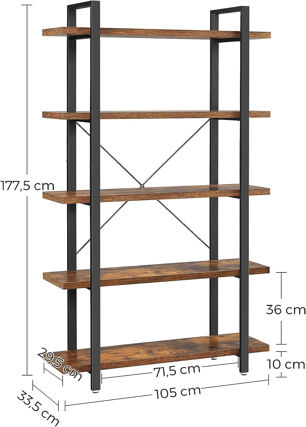 Bookshelf, 5-Tier Industrial Stable Bookcase, Storage Rack, Standing Shelf, Easy Assembly