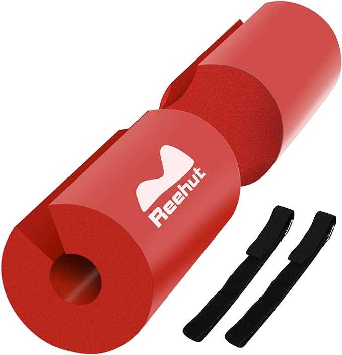 REEHUT Barbell Squat Pad, Foam Rubber Support Pad for Neck, Shoulder and Back Support with Retaining Straps, Supports Deadlifts, Squats, Lunges and Hip Thrusts, Fit Standard and Olympic Bars | Red