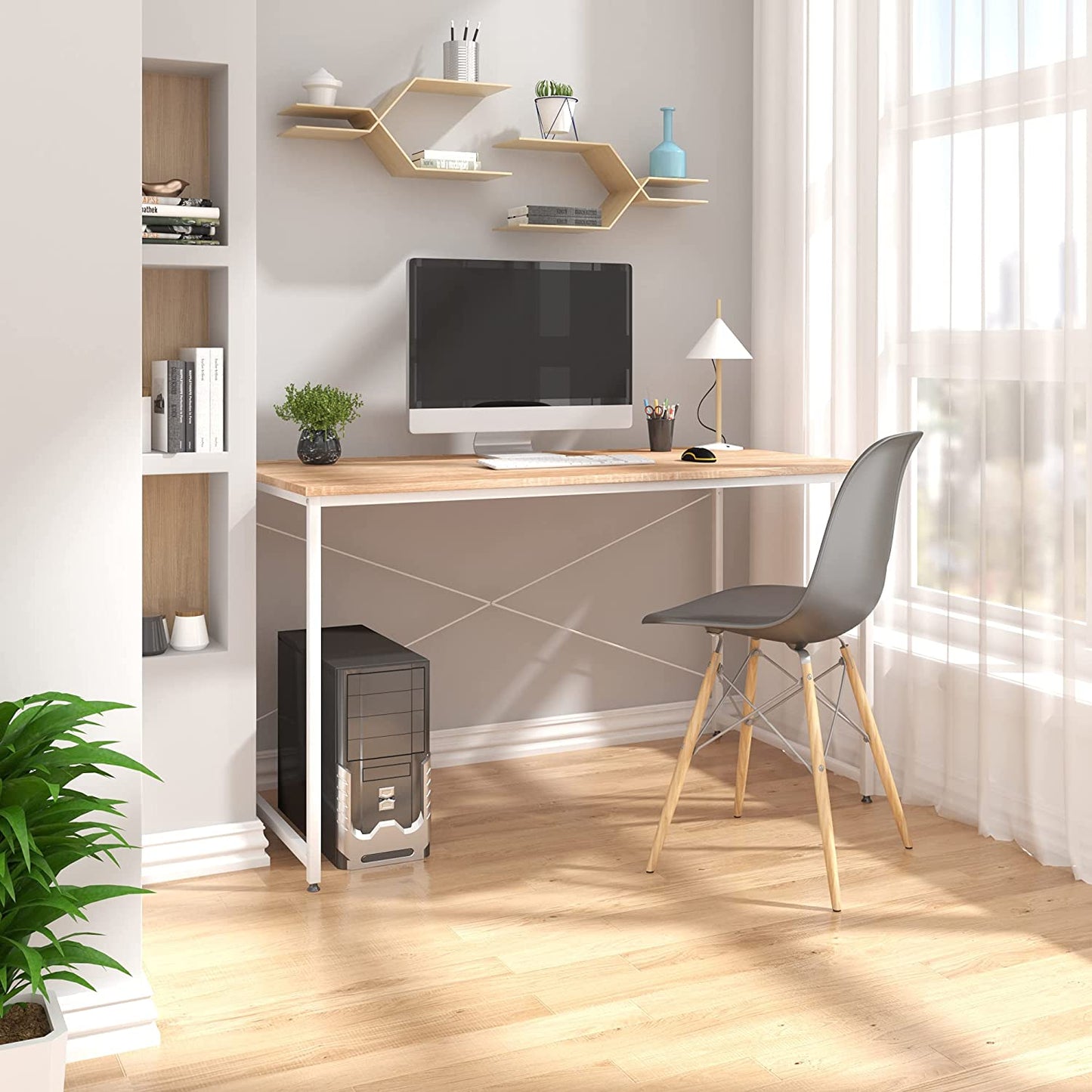 Computer Desk Light Oak+White Office Desk Workstation Sleek Design Study Writing Desk