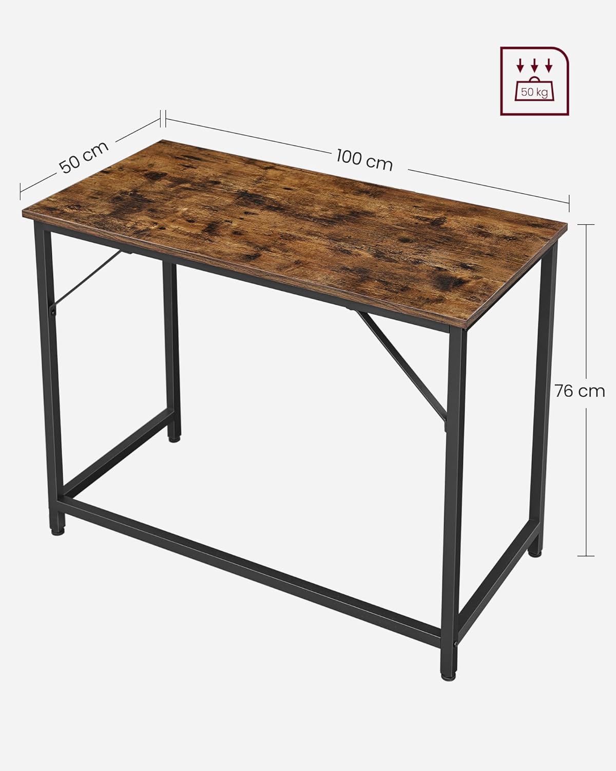 VASAGLE Computer Desk, Writing Desk, Small Office Table, 50 x 100 x 75 cm, Rustic Brown and Black