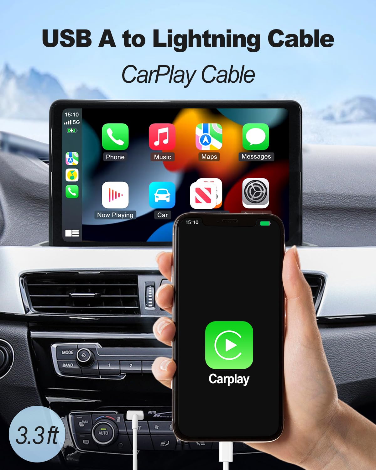 USB to Lightning Car Charging Cable, Compatible with Apple iPhone 14/13/12/11/XR/XS/X/8/7/6 Plus/SE/iPad, White