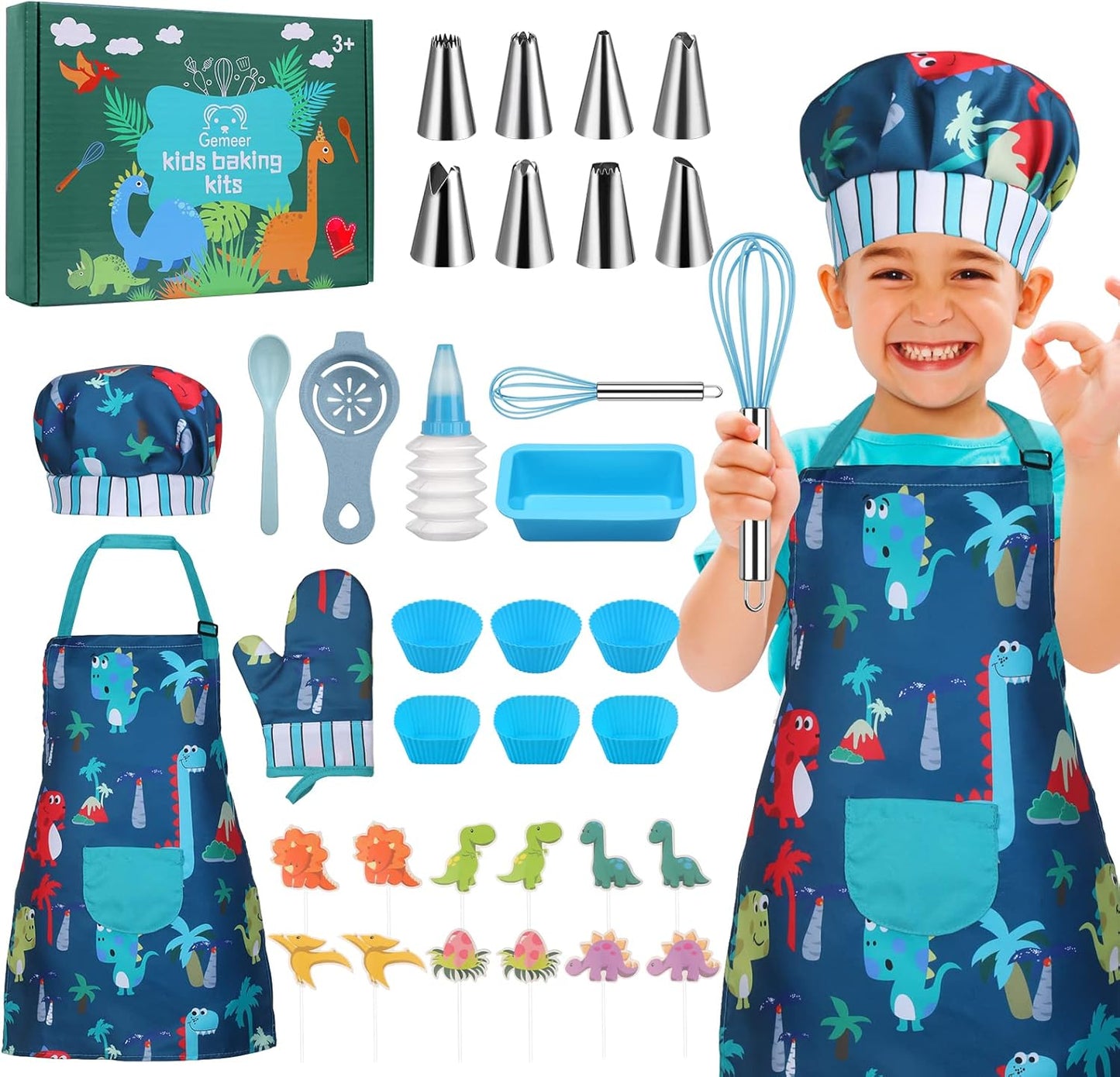 Gemeer Children’s Cooking and Baking Set 34 PCS, Including Little Boy Apron, Chef Hat, Gloves and Toddler Dress up Chef Costume 3-7 Years Old Boy Professional Role Play