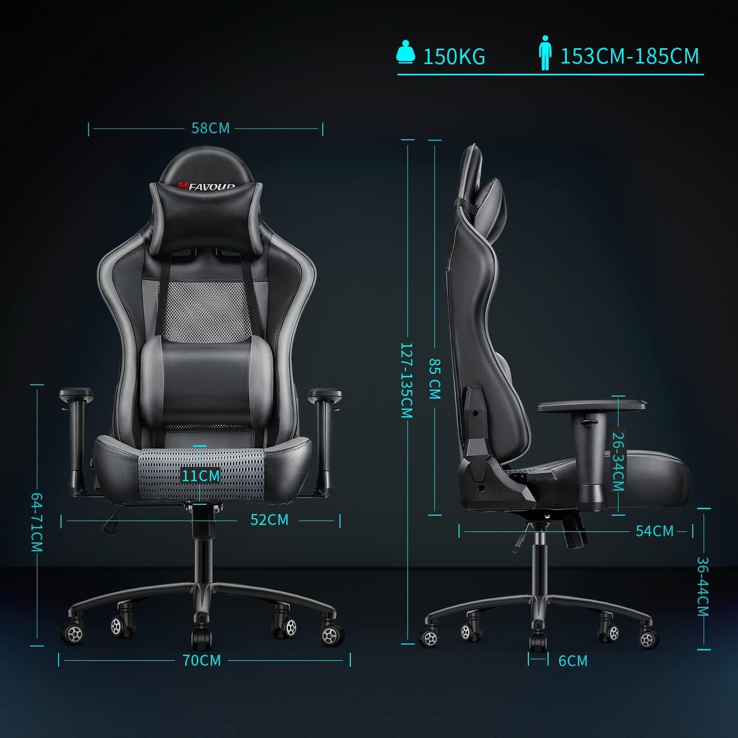 mfavour Gaming Chair, Computer Gaming Office Chair | Grey