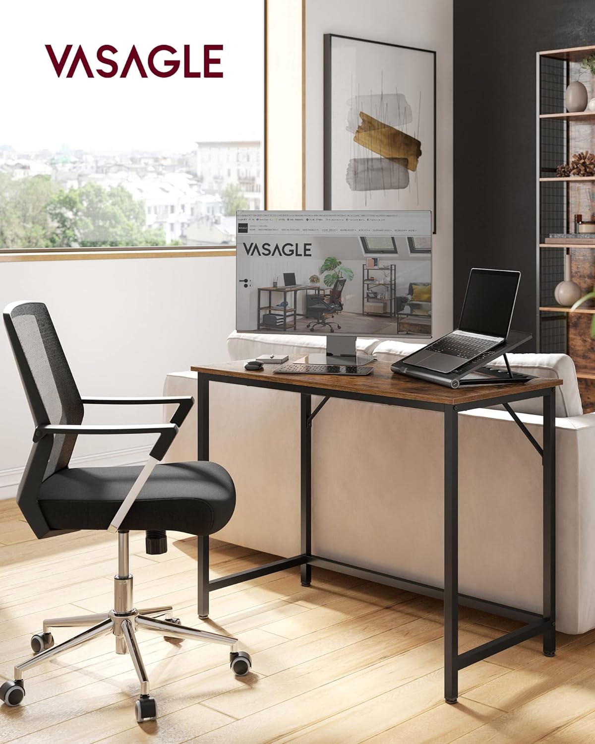 VASAGLE Computer Desk, Writing Desk, Small Office Table, 50 x 100 x 75 cm, Rustic Brown and Black