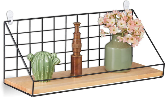 2PCS Wall Mounted Shelf, Metal and wood Look, Industrial Hanging Decorative Grid