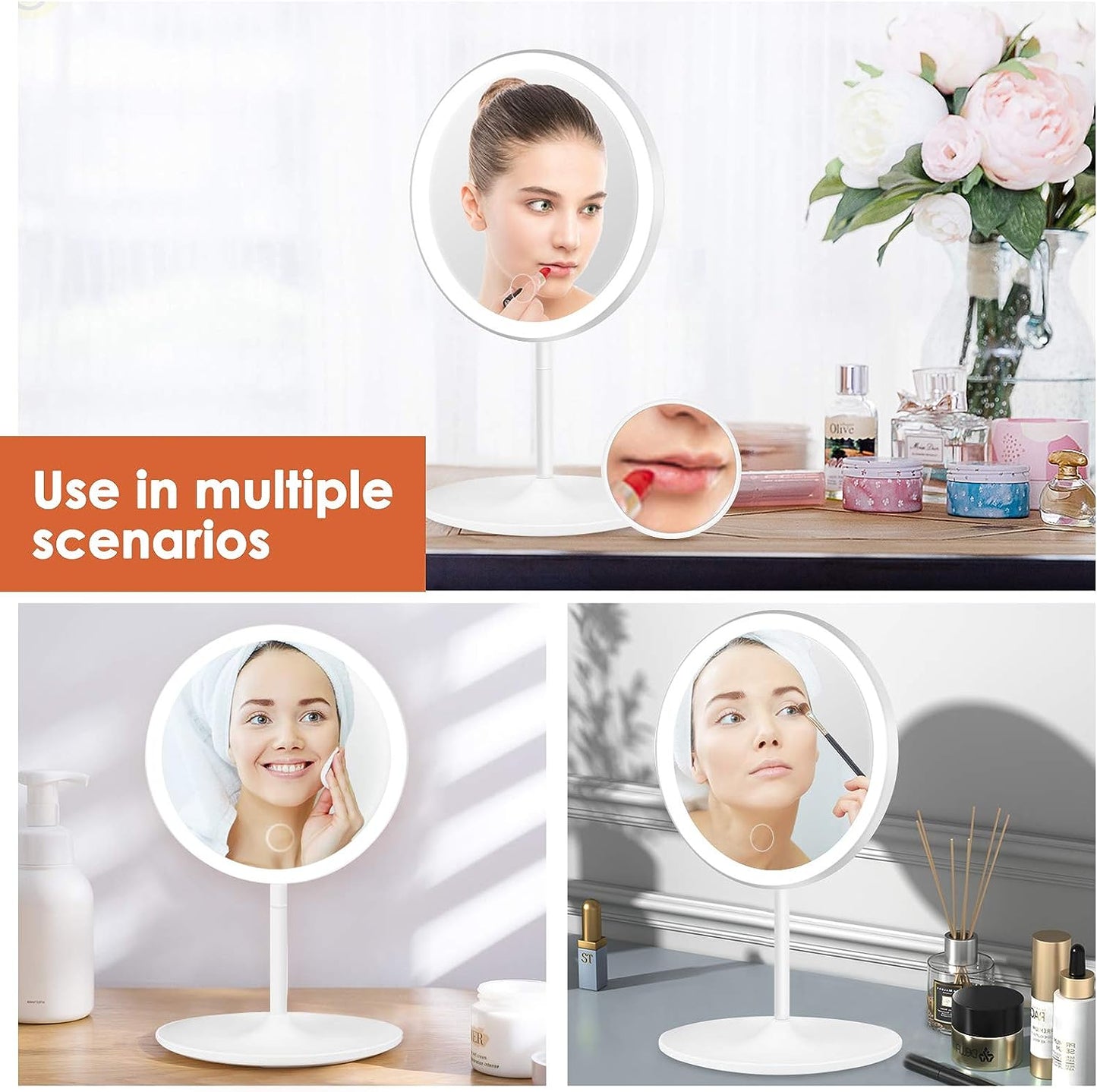 Mirror with LED Lights, Tabletop Desk Face Mirror and Rechargeable USB | White