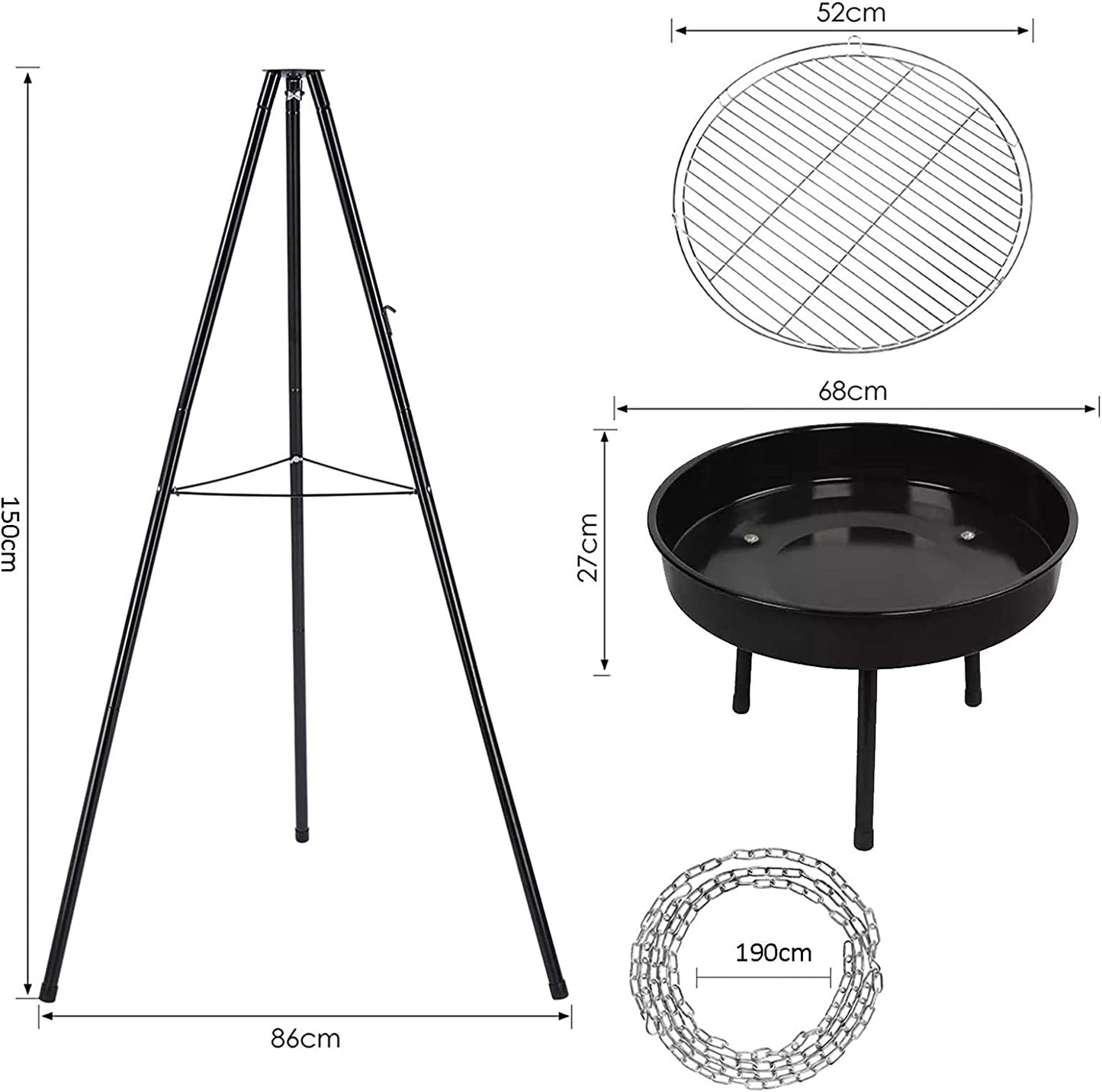 Femor Tripod Grill & Firepit Set, 54.5CM, TRIPOD 152CM AND ADJUSTABLE CHAIN