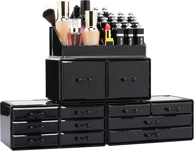 DAWOO Acrylic Makeup Organizer Jewelry Box Cosmetic Products Drawers Makeup Storage Box (Black, 12 Drawers)