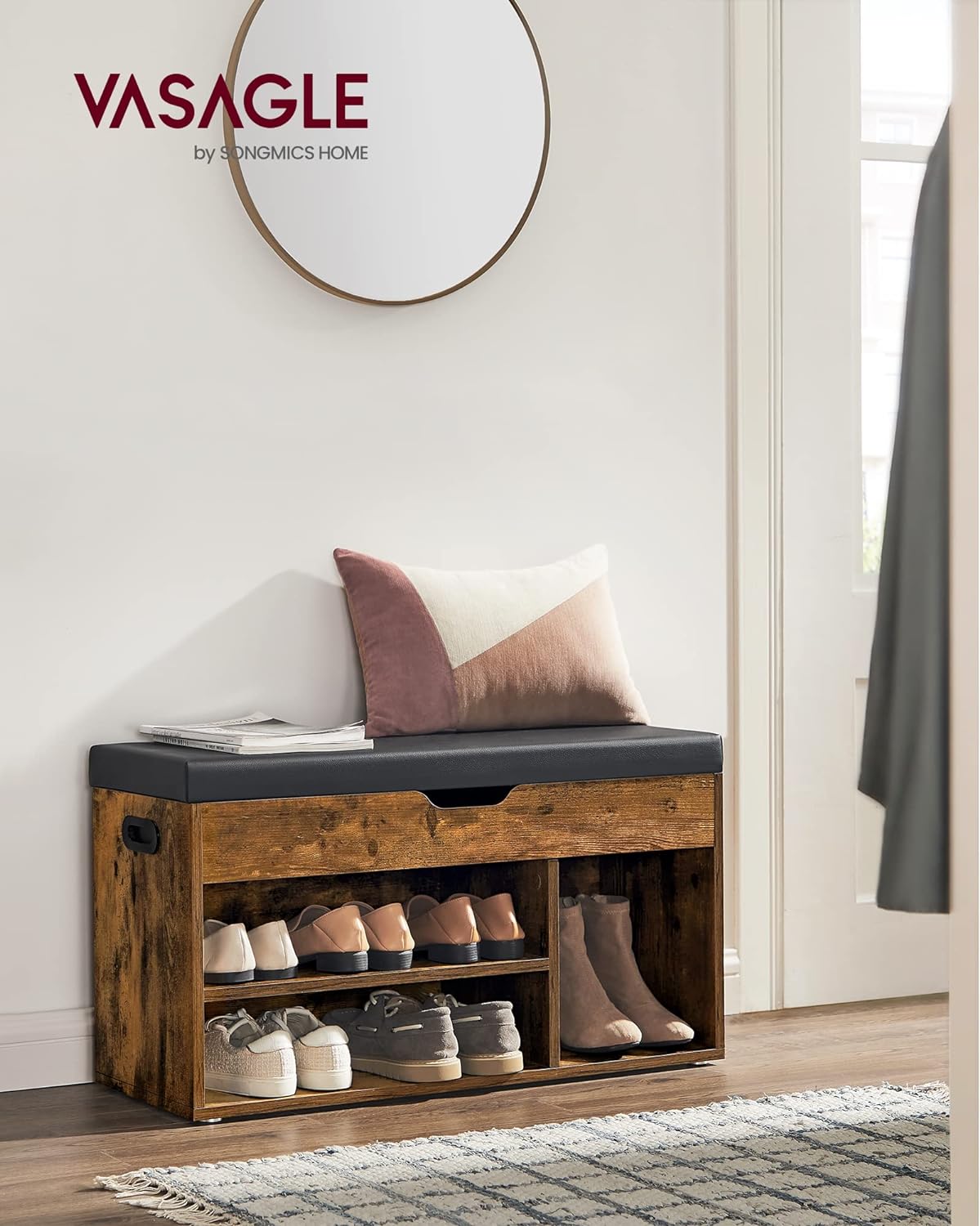 VASAGLE Shoe Bench with Cushion, Storage Bench with Padded Seat, 3 Compartments, Hidden Storage