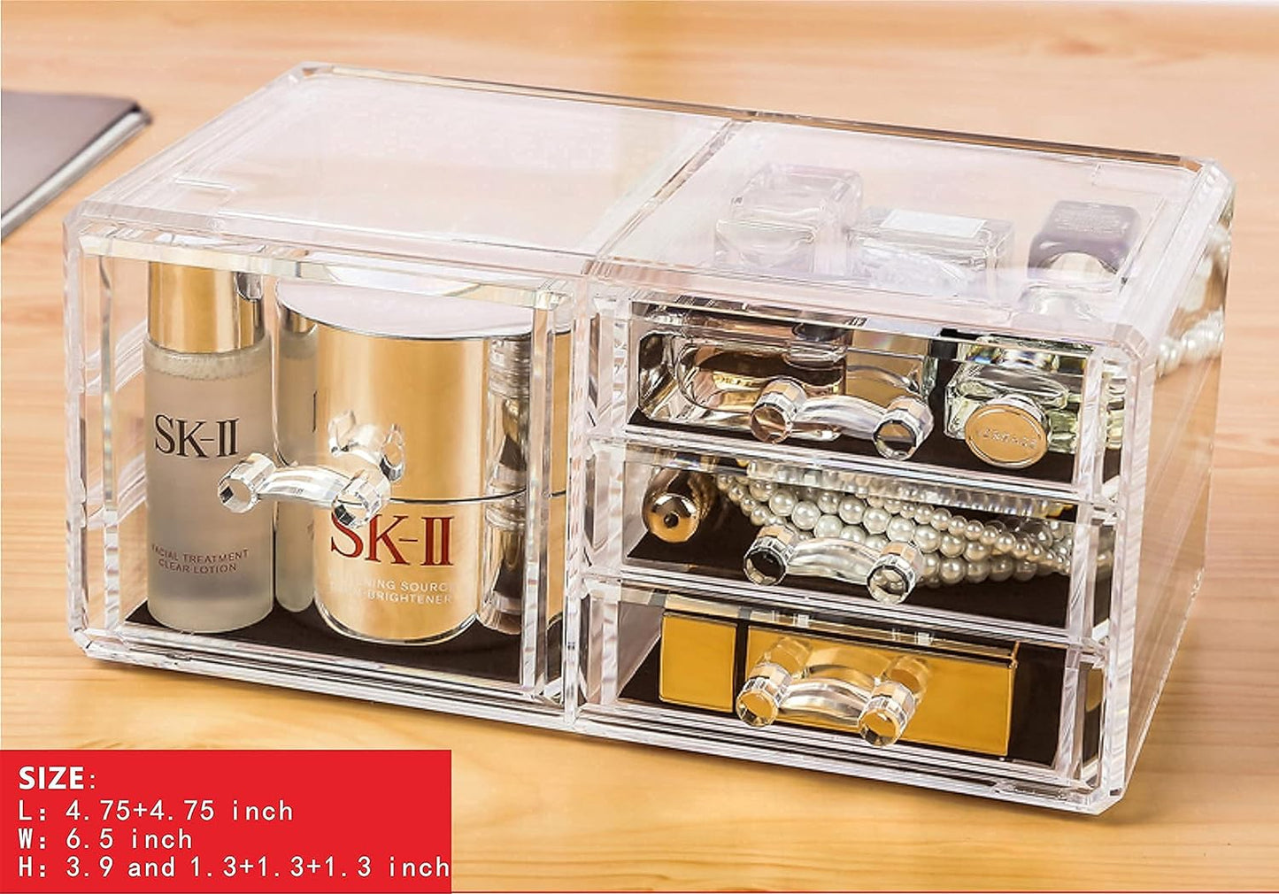 display4top 7 Drawers Jewellery Storage Box Acrylic Cosmetics Lipsticks Make Up Organiser Holder Box (Clear), Dressing Table/Bathroom Counter, Vanity Display Case for Brushes, Lotions, Lipsticks, Nail Polishs