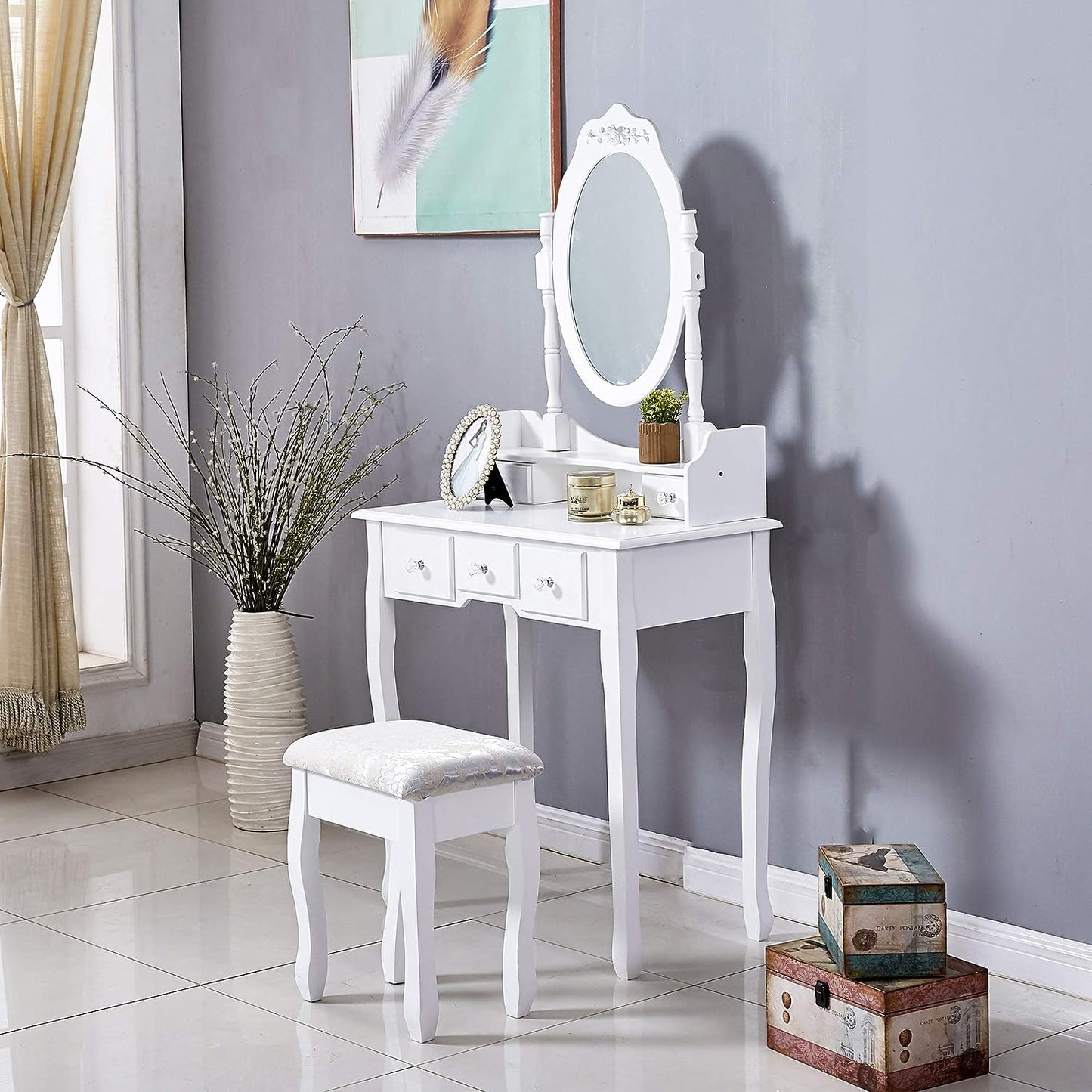 Dressing Table, Oval Mirror & Stool Set, Bedroom Makeup Desk, White