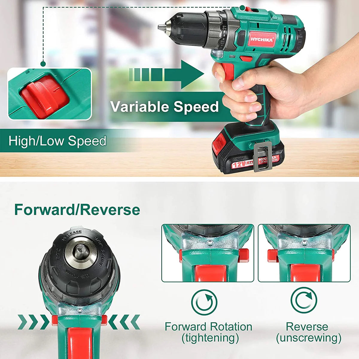 Hychika DD-12BC Electric Drill 30N·m Max Torque with 1500mAh Li-Ion Battery