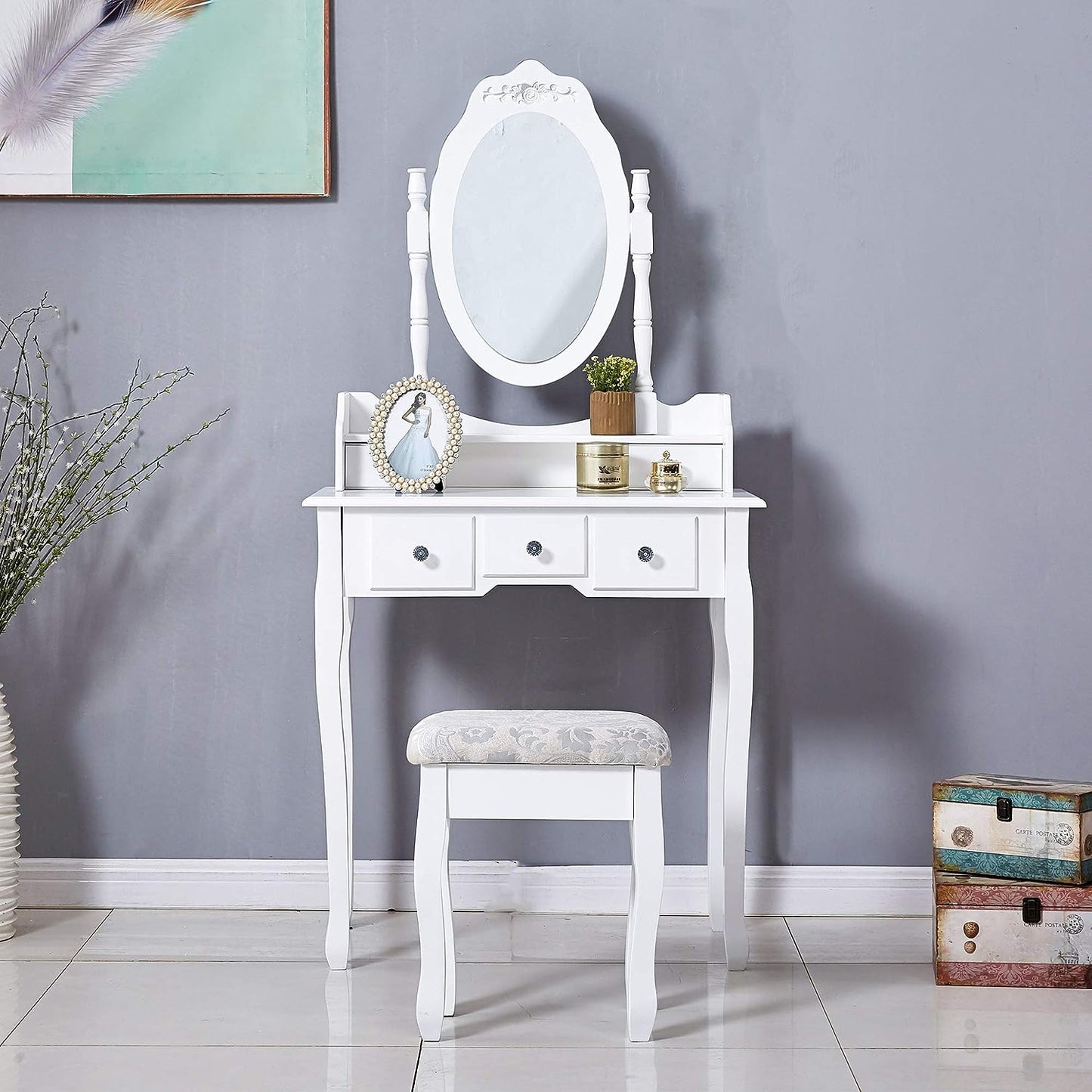 Dressing Table, Oval Mirror & Stool Set, Bedroom Makeup Desk, White