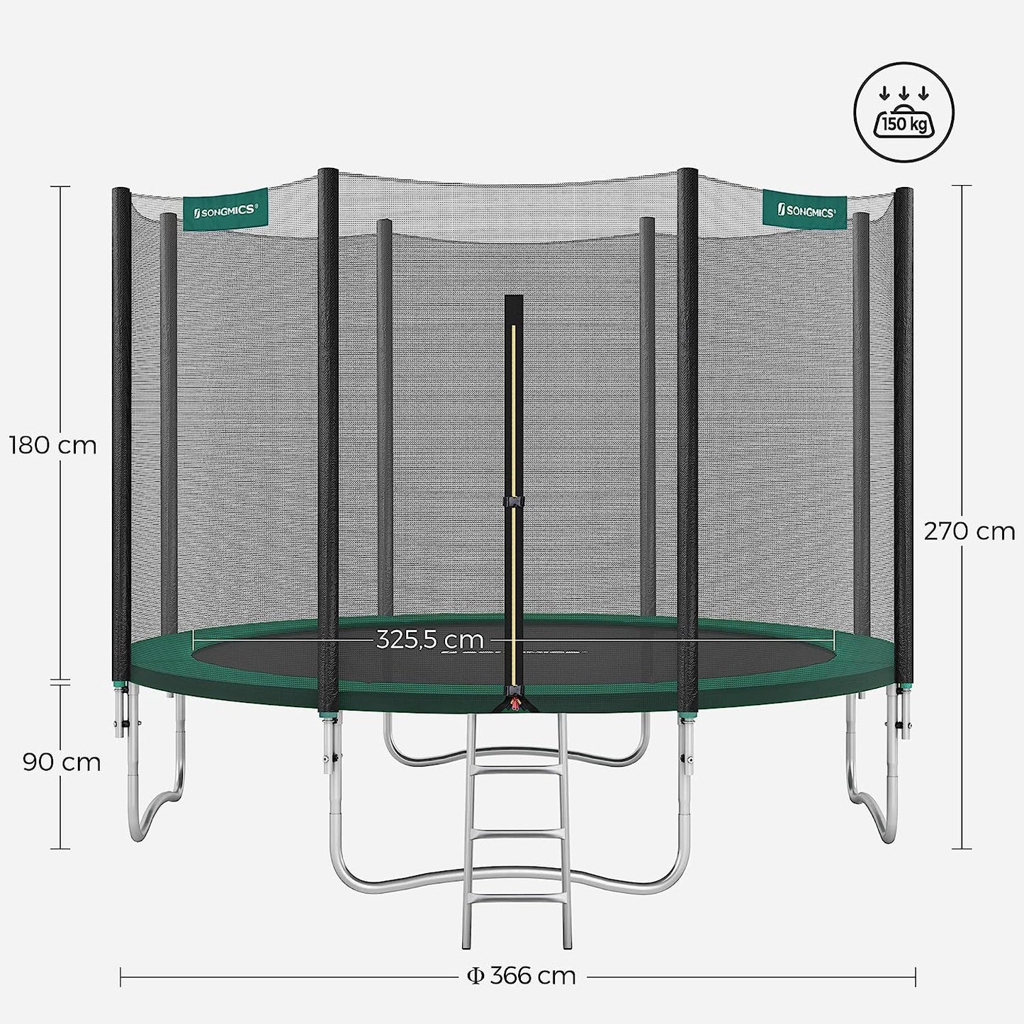 SONGMICS Trampoline, 366 cm (12 ft) Round Trampoline for the Garden with Ladder, Safety Net Enclosure