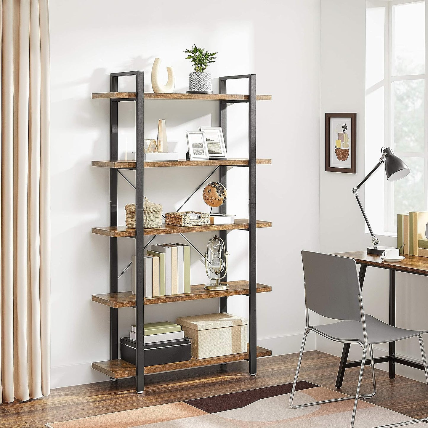 Bookshelf, 5-Tier Industrial Stable Bookcase, Storage Rack, Standing Shelf, Easy Assembly