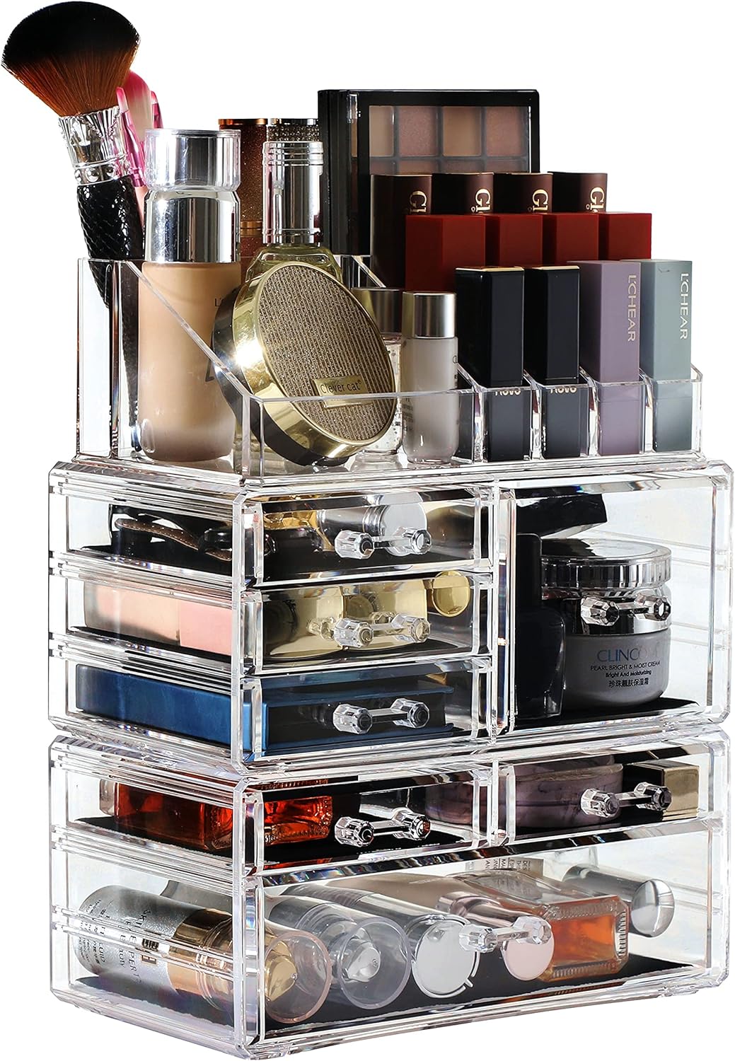 display4top 7 Drawers Jewellery Storage Box Acrylic Cosmetics Lipsticks Make Up Organiser Holder Box (Clear), Dressing Table/Bathroom Counter, Vanity Display Case for Brushes, Lotions, Lipsticks, Nail Polishs