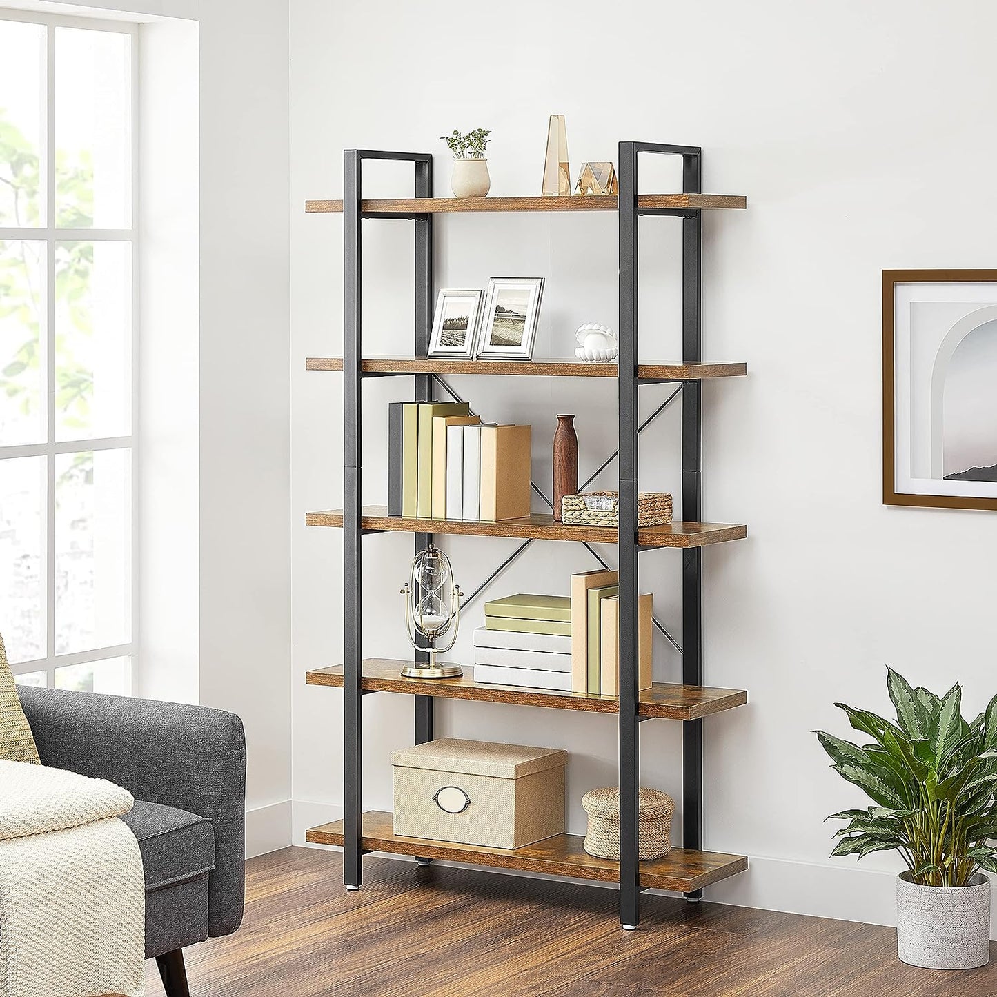 Bookshelf, 5-Tier Industrial Stable Bookcase, Storage Rack, Standing Shelf, Easy Assembly