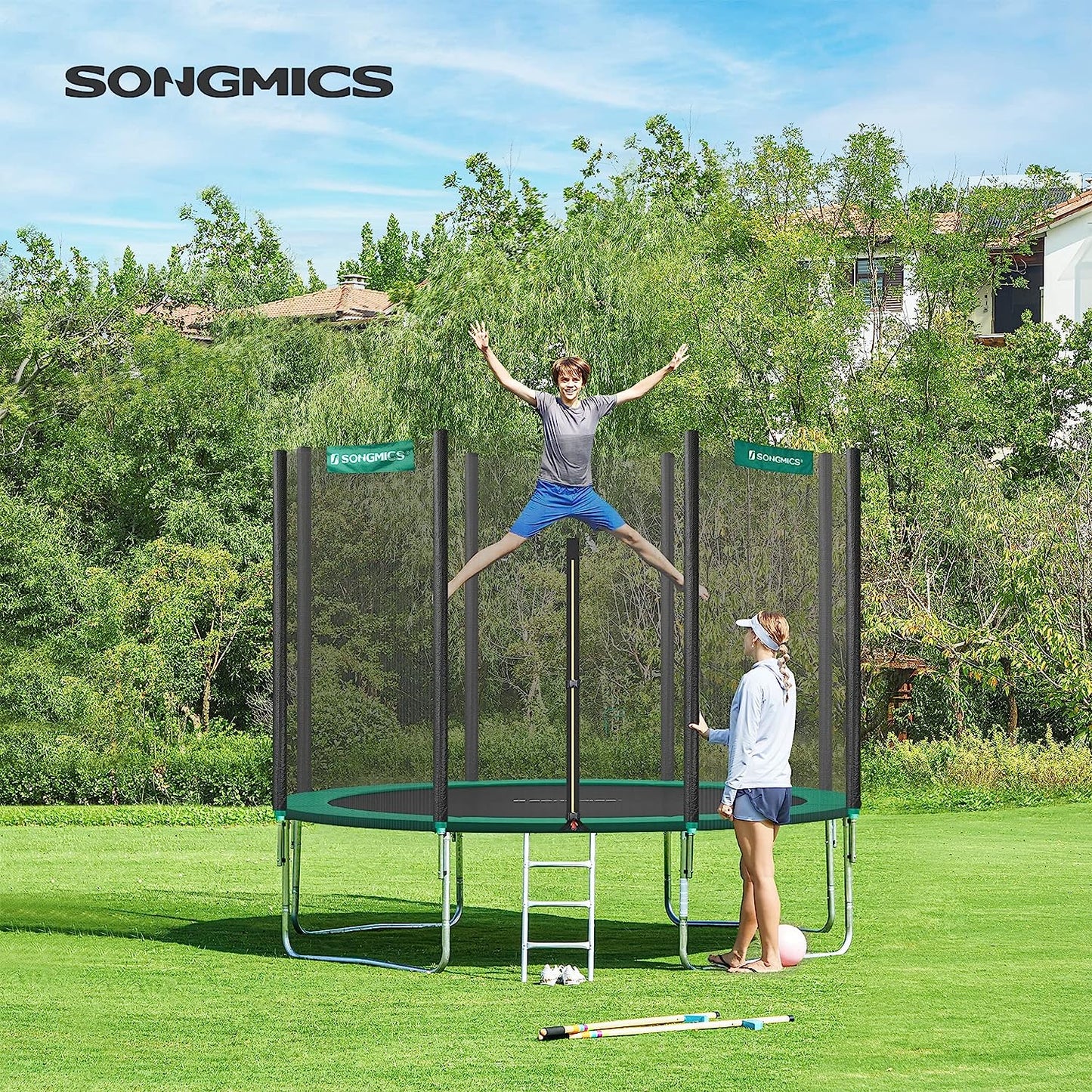 SONGMICS Trampoline, 366 cm (12 ft) Round Trampoline for the Garden with Ladder, Safety Net Enclosure